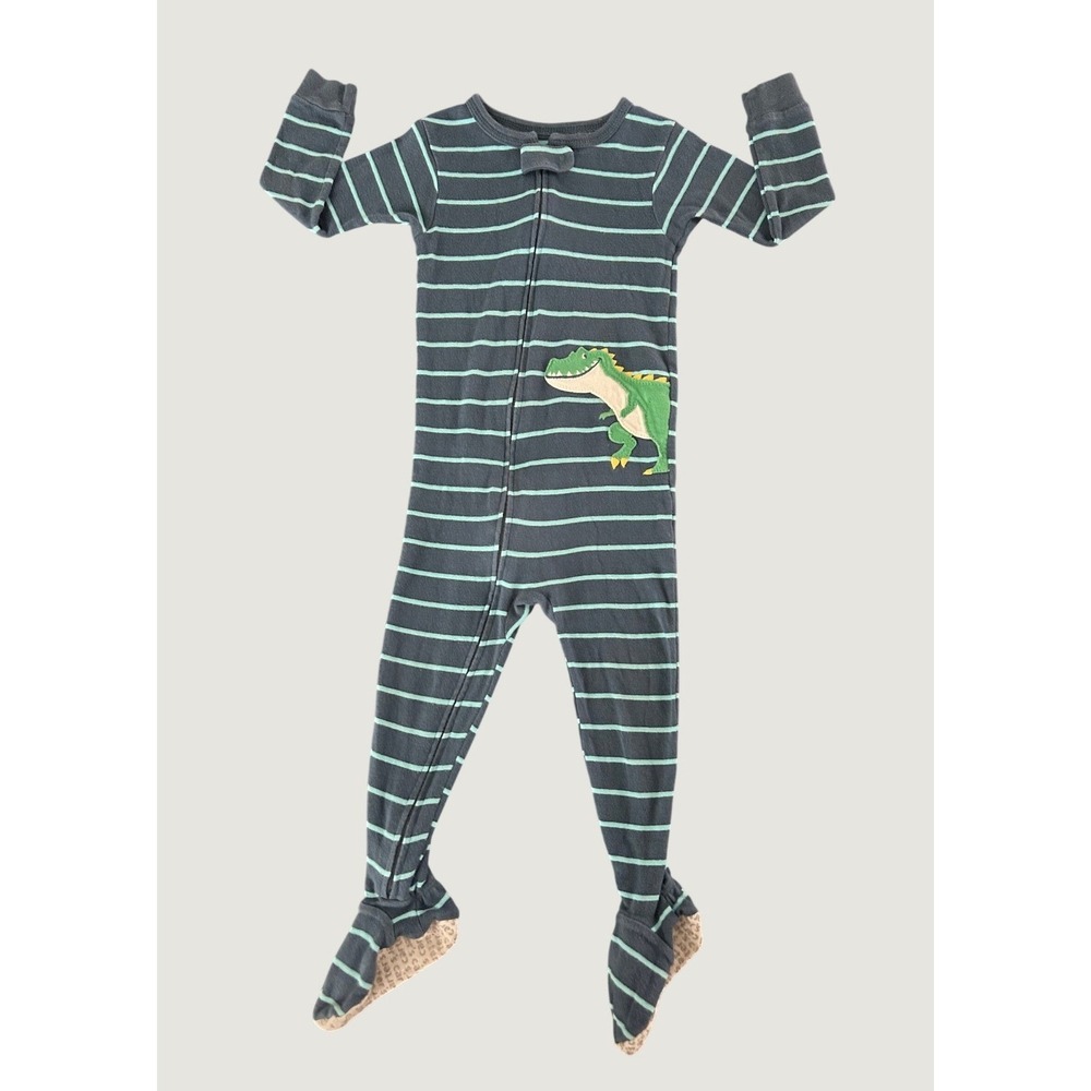 Carters Boys Blue Striped Dinosaur Footed Pajamas Cotton Zip Up Sleepwear 1488